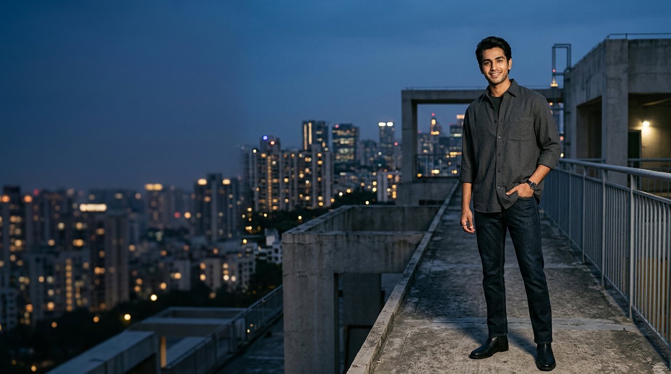 Model in a charcoal overshirt and dark denim on a city rooftop at dusk