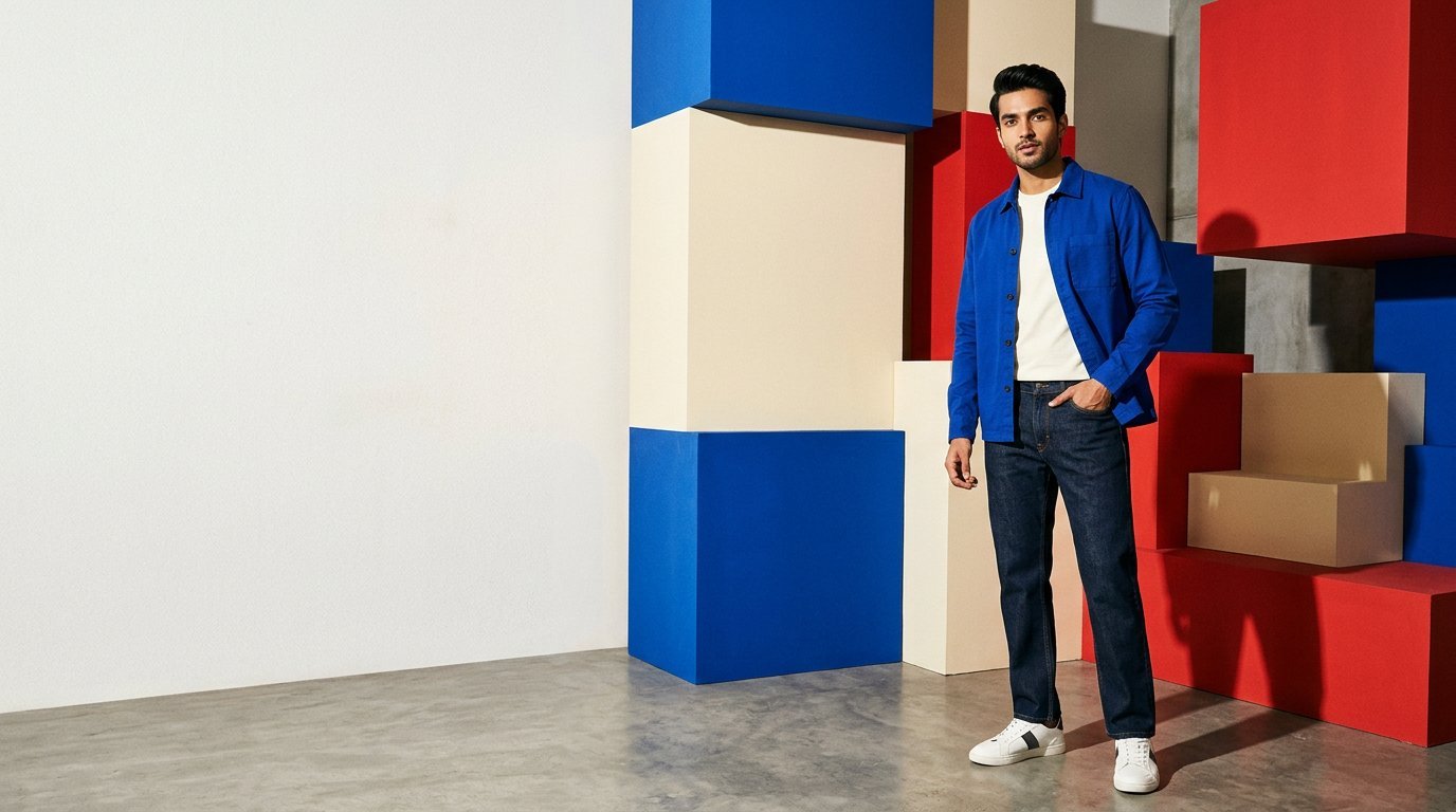South Asian model in a cobalt overshirt and dark denim among bold red, blue, and ivory 3D blocks